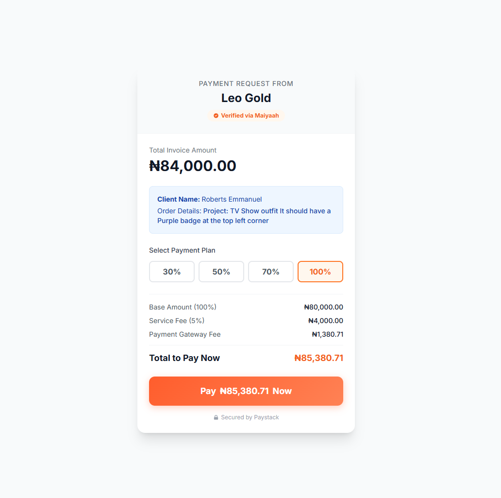 The Maiyaah payment page where a client chooses to pay 30%, 50%, 70% or 100% of an invoice