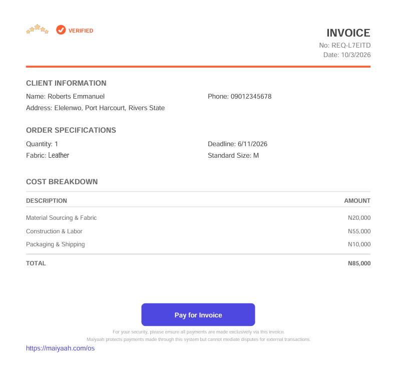 A verified Maiyaah invoice showing client details, order specifications and cost breakdown
